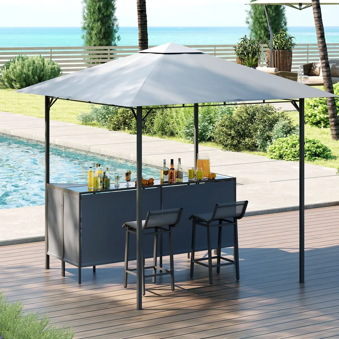 Grillpavillon mit Bar & 2 Stühlen Gartenpavillon mit Doppeldach 3 Teiliges Bar Set Grau