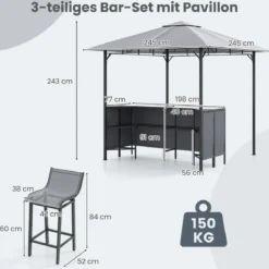 Grillpavillon mit Bar & 2 Stühlen Gartenpavillon mit Doppeldach 3 Teiliges Bar Set Grau