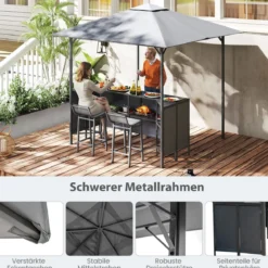 Grillpavillon mit Bar & 2 Stühlen Gartenpavillon mit Doppeldach 3 Teiliges Bar Set Grau