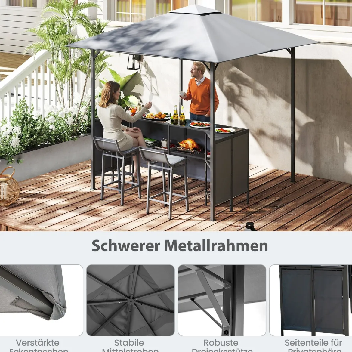 Grillpavillon mit Bar & 2 Stühlen Gartenpavillon mit Doppeldach 3 Teiliges Bar Set Grau