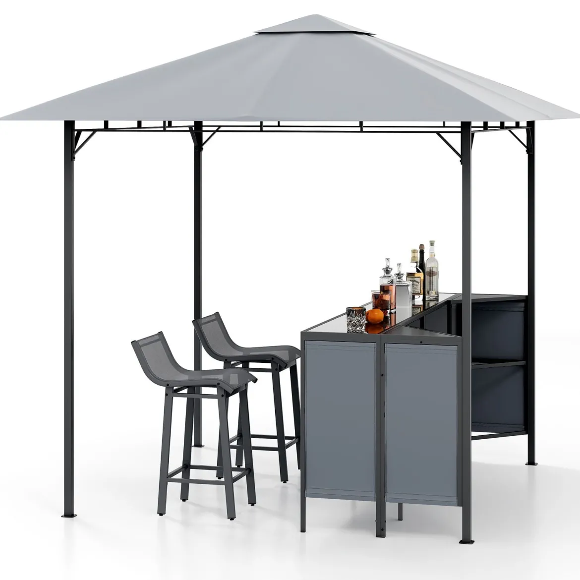 Grillpavillon mit Bar & 2 Stühlen Gartenpavillon mit Doppeldach 3 Teiliges Bar Set Grau