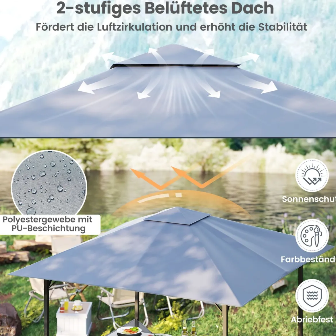 Grillpavillon mit Bar & 2 Stühlen Gartenpavillon mit Doppeldach 3 Teiliges Bar Set Grau
