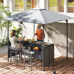 Grillpavillon mit Bar & 2 Stühlen Gartenpavillon mit Doppeldach 3 Teiliges Bar Set Grau