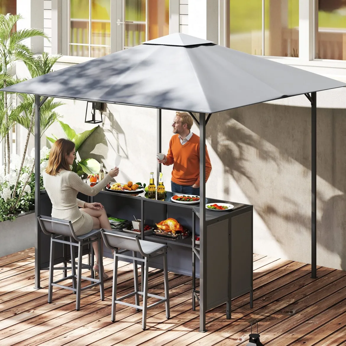 Grillpavillon mit Bar & 2 Stühlen Gartenpavillon mit Doppeldach 3 Teiliges Bar Set Grau