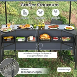 Grillpavillon mit Bar & 2 Stühlen Gartenpavillon mit Doppeldach 3 Teiliges Bar Set Grau