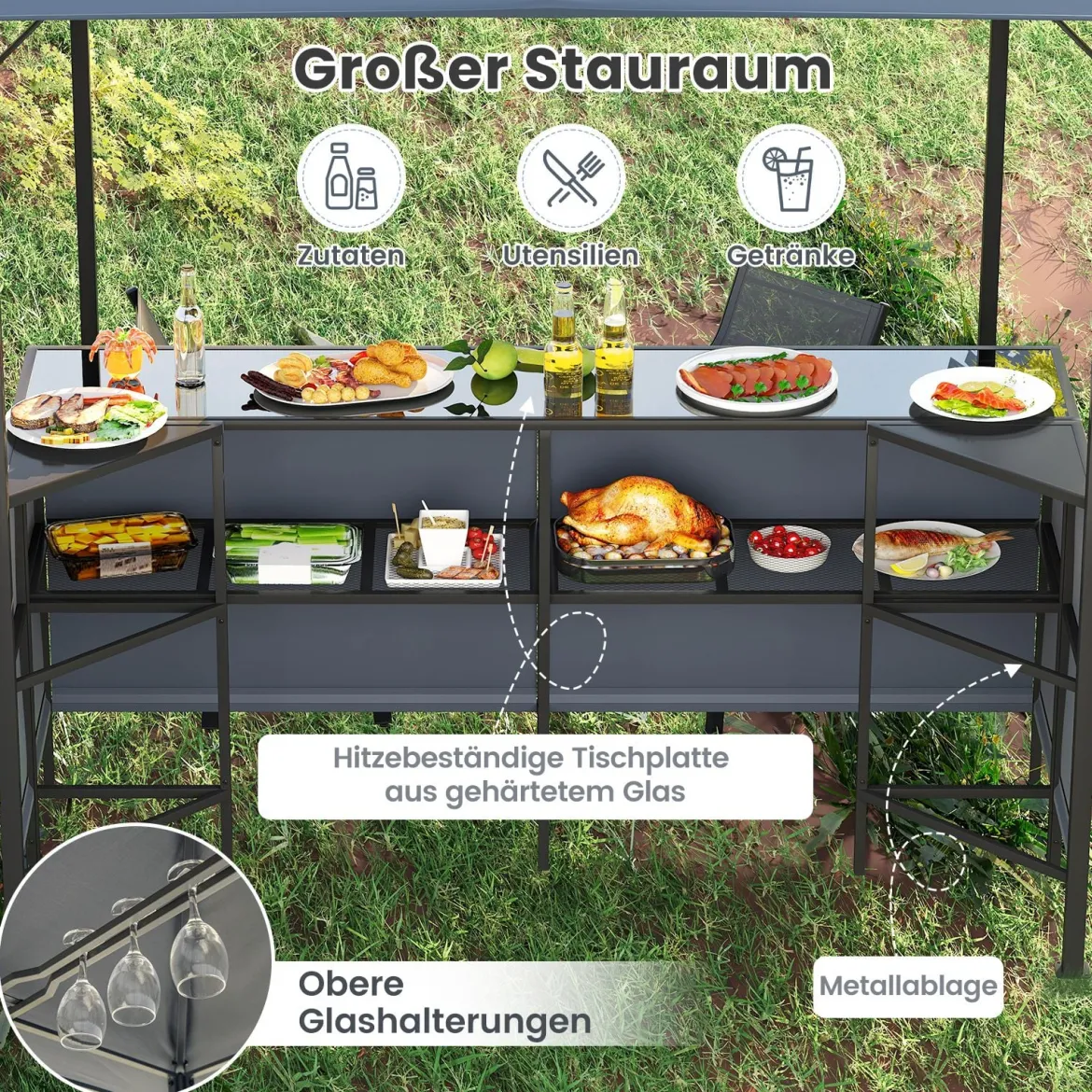 Grillpavillon mit Bar & 2 Stühlen Gartenpavillon mit Doppeldach 3 Teiliges Bar Set Grau