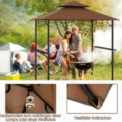 Grillpavillon mit Doppeldach & Seitenregalen & 7 Haken Wetterfeste Grillüberdachung Braun