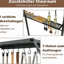 Grillpavillon mit Doppeldach & Seitenregalen & 7 Haken Wetterfeste Grillüberdachung Braun