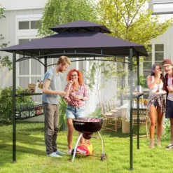 Grillpavillon mit Doppeldach & Seitenregalen & Metallkorb Grillüberdachungen Grillunterstand