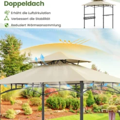 Grillpavillon mit Doppeldach & Seitenregalen & Metallkorb Grillüberdachungen Grillunterstand