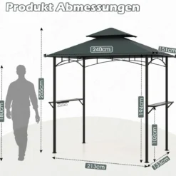 Grillpavillon mit Doppeldach & Seitenregalen & 7 Haken Wetterfeste Grillüberdachung Grau