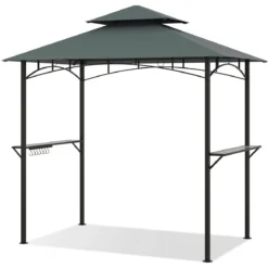 Grillpavillon mit Doppeldach & Seitenregalen & 7 Haken Wetterfeste Grillüberdachung Grau