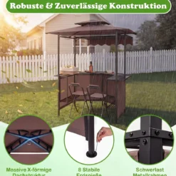 Grillpavillon 3-teiliger Gartenpavillon mit Bar 2 Klappbaren Barhocker & Doppeldach Braun