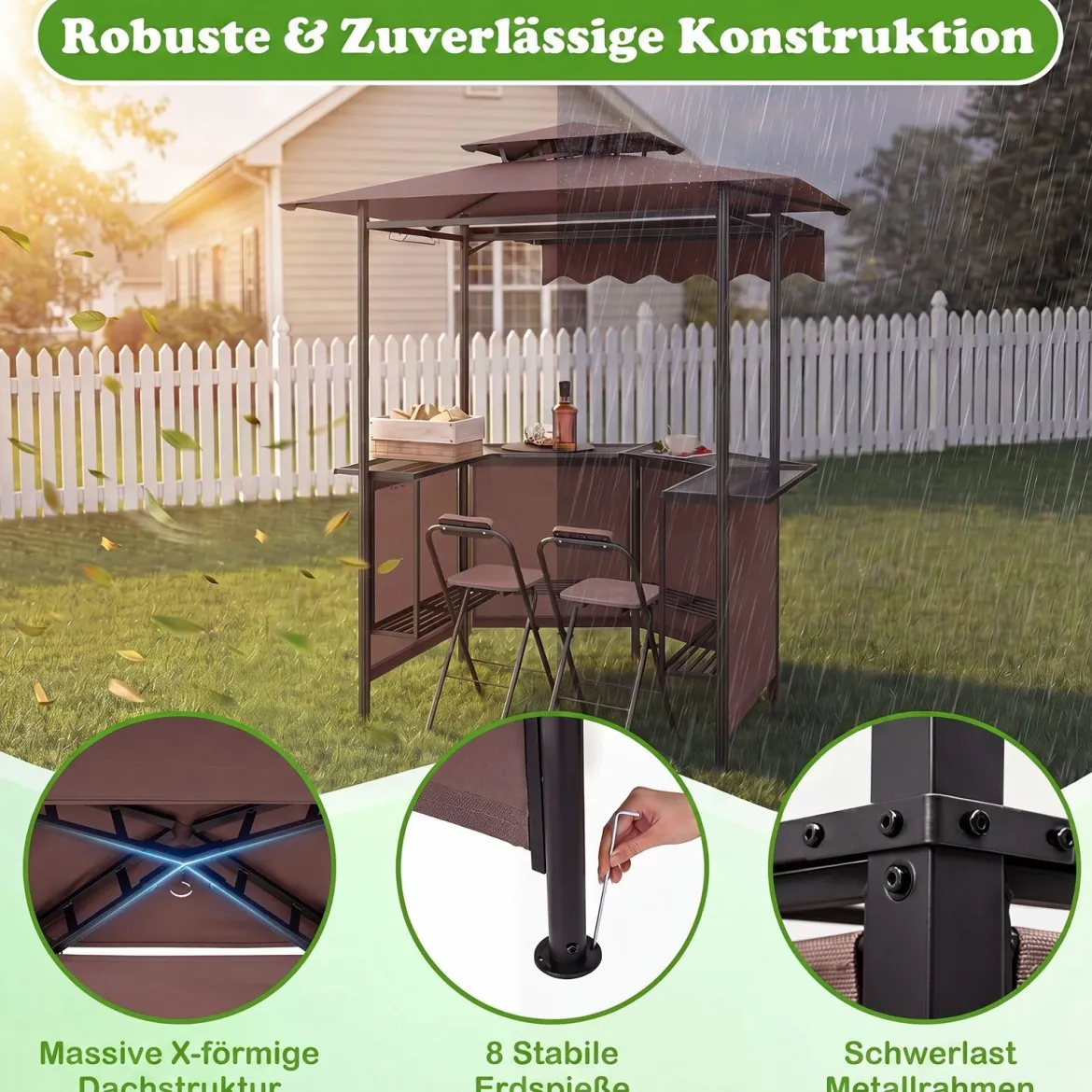 Grillpavillon 3-teiliger Gartenpavillon mit Bar 2 Klappbaren Barhocker & Doppeldach Braun