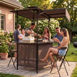 Grillpavillon 3-teiliger Gartenpavillon mit Bar 2 Klappbaren Barhocker & Doppeldach Braun
