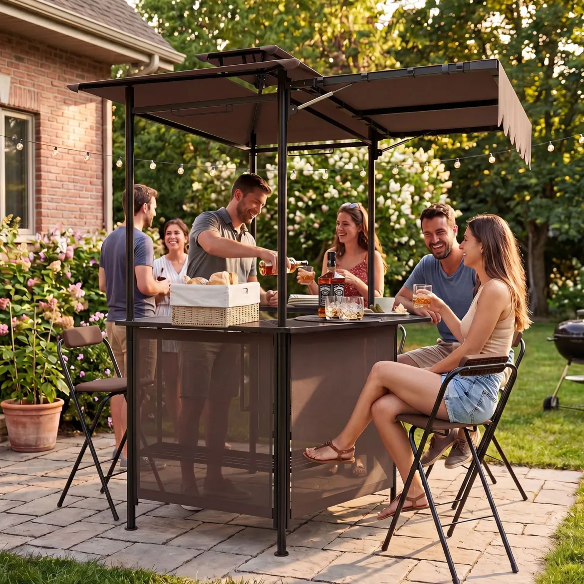 Grillpavillon 3-teiliger Gartenpavillon mit Bar 2 Klappbaren Barhocker & Doppeldach Braun