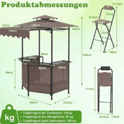 Grillpavillon 3-teiliger Gartenpavillon mit Bar 2 Klappbaren Barhocker & Doppeldach Braun