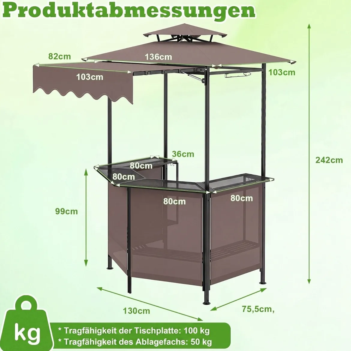Grillpavillon 3-teiliger Gartenpavillon mit Bar 2 Klappbaren Barhocker & Doppeldach Braun