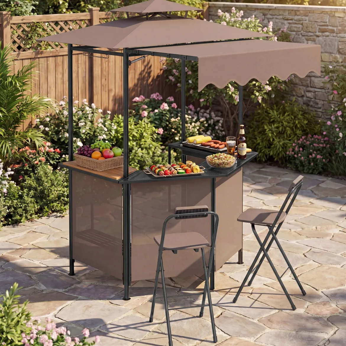 Grillpavillon 3-teiliger Gartenpavillon mit Bar 2 Klappbaren Barhocker & Doppeldach Braun