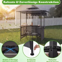 Grillpavillon 3-teiliger Gartenpavillon mit Bar 2 Klappbaren Barhocker & Doppeldach Grau