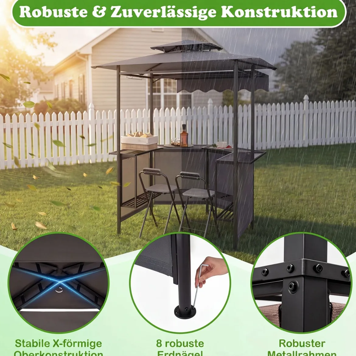 Grillpavillon 3-teiliger Gartenpavillon mit Bar 2 Klappbaren Barhocker & Doppeldach Grau