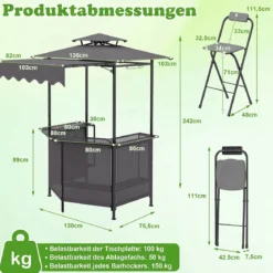 Grillpavillon 3-teiliger Gartenpavillon mit Bar 2 Klappbaren Barhocker & Doppeldach Grau