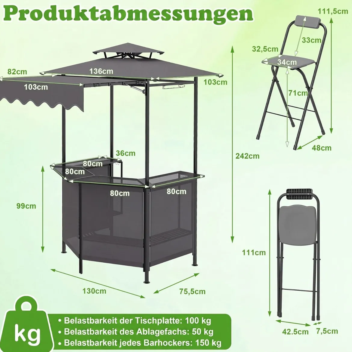 Grillpavillon 3-teiliger Gartenpavillon mit Bar 2 Klappbaren Barhocker & Doppeldach Grau