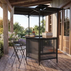 Grillpavillon 3-teiliger Gartenpavillon mit Bar 2 Klappbaren Barhocker & Doppeldach Grau