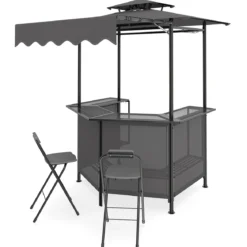 Grillpavillon 3-teiliger Gartenpavillon mit Bar 2 Klappbaren Barhocker & Doppeldach Grau