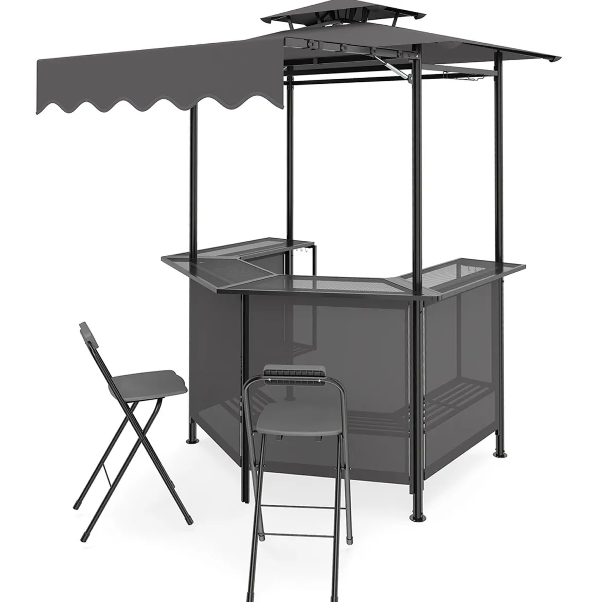 Grillpavillon 3-teiliger Gartenpavillon mit Bar 2 Klappbaren Barhocker & Doppeldach Grau