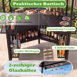 Grillpavillon 3-teiliger Gartenpavillon mit Bar 2 Klappbaren Barhocker & Doppeldach Grau