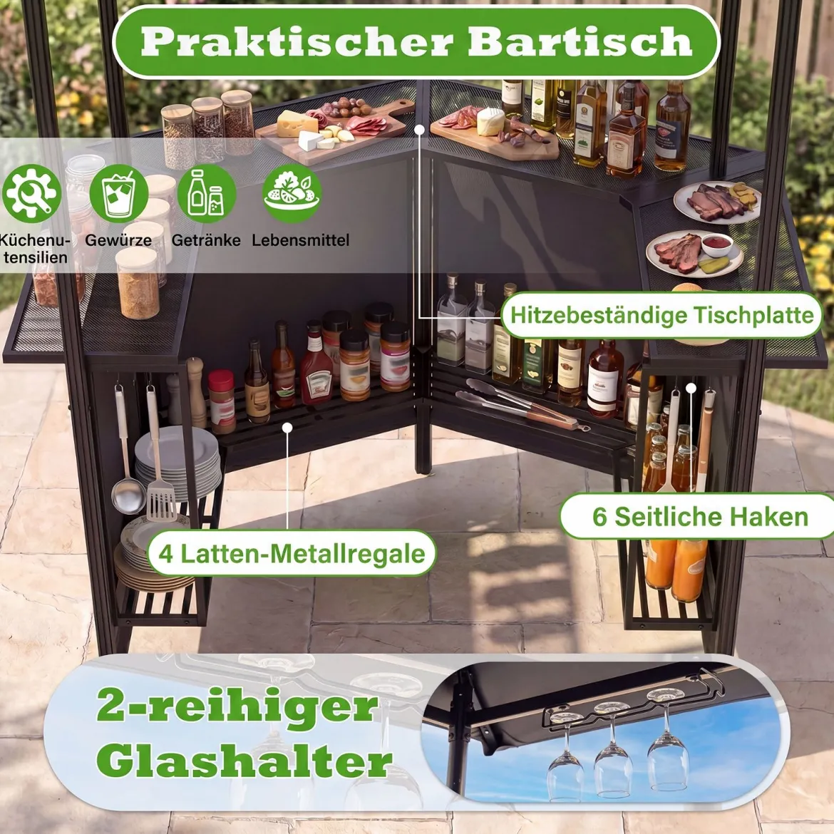 Grillpavillon 3-teiliger Gartenpavillon mit Bar 2 Klappbaren Barhocker & Doppeldach Grau