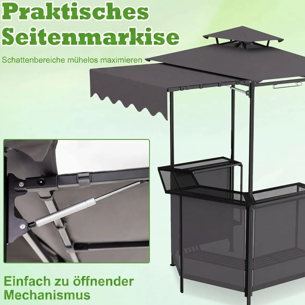 Grillpavillon 3-teiliger Gartenpavillon mit Bar 2 Klappbaren Barhocker & Doppeldach Grau