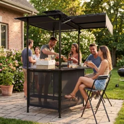 Grillpavillon 3-teiliger Gartenpavillon mit Bar 2 Klappbaren Barhocker & Doppeldach Grau