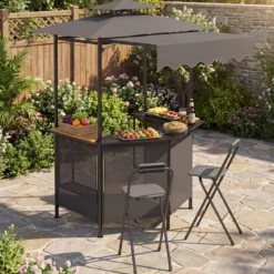 Grillpavillon 3-teiliger Gartenpavillon mit Bar 2 Klappbaren Barhocker & Doppeldach Grau