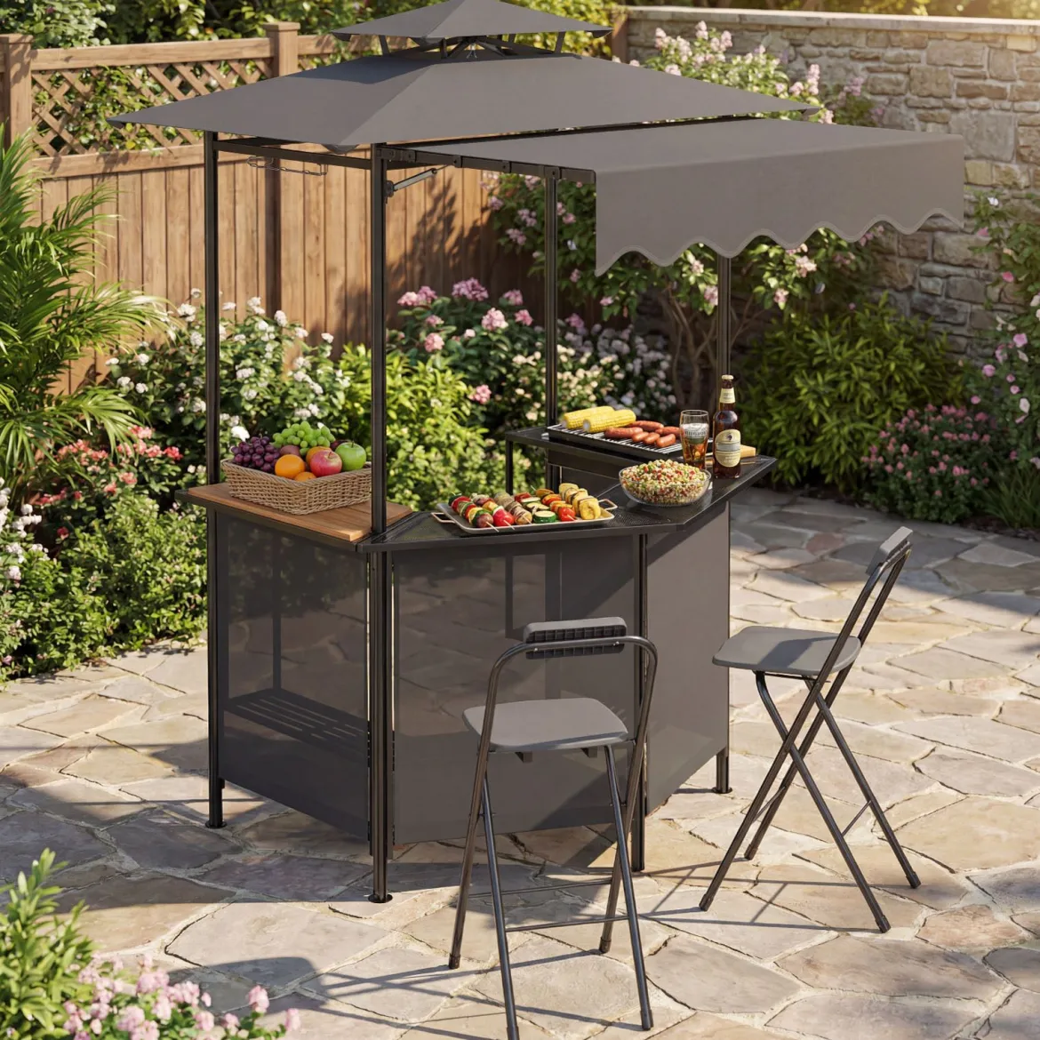 Grillpavillon 3-teiliger Gartenpavillon mit Bar 2 Klappbaren Barhocker & Doppeldach Grau
