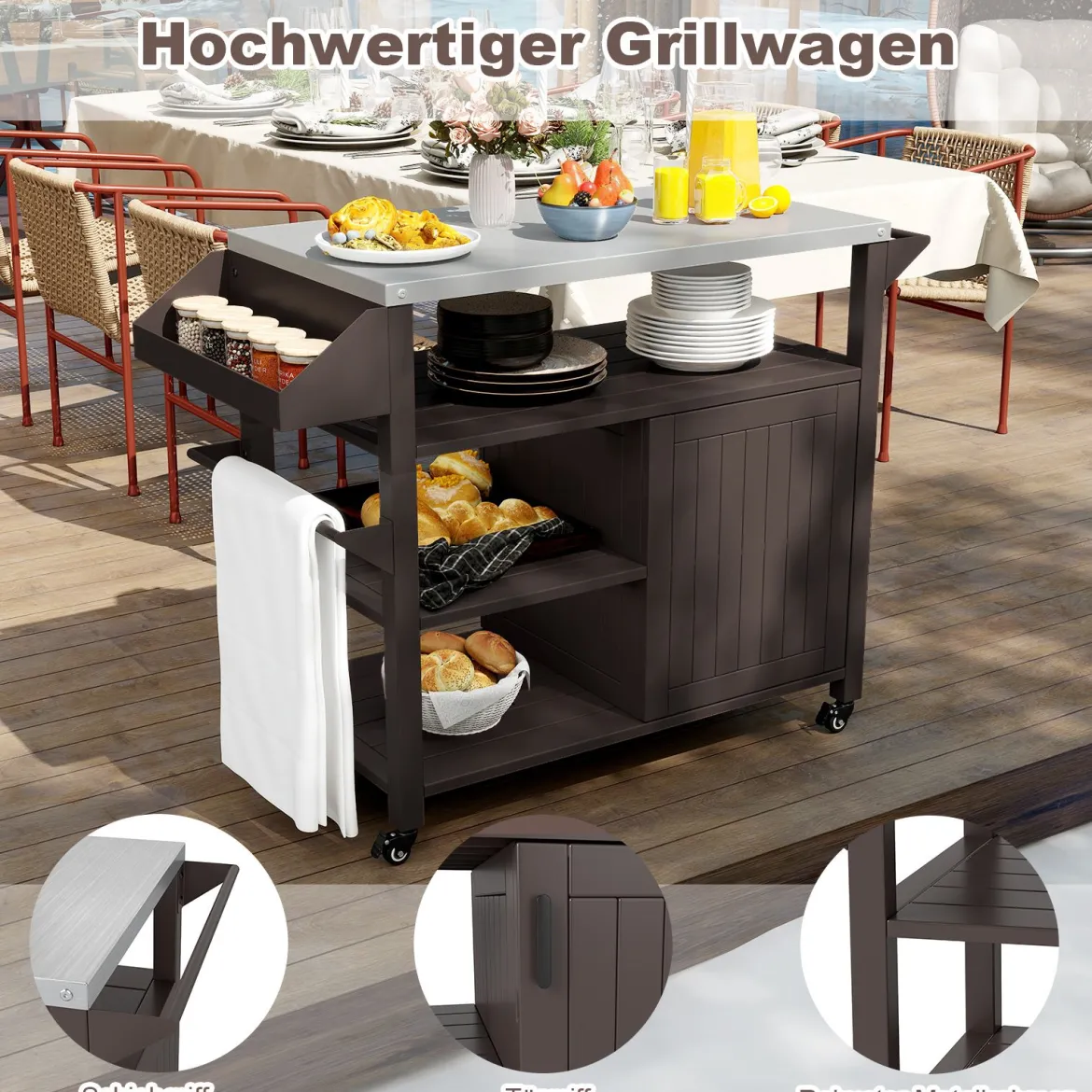 Grillwagen auf Rollen Grilltisch mit Edelstahl Servierwagen & 3 Ablagen & Schrank & Gewürzregal