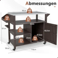 Grillwagen auf Rollen Grilltisch mit Edelstahl Servierwagen & 3 Ablagen & Schrank & Gewürzregal