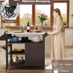 Grillwagen auf Rollen Grilltisch mit Edelstahl Servierwagen & 3 Ablagen & Schrank & Gewürzregal