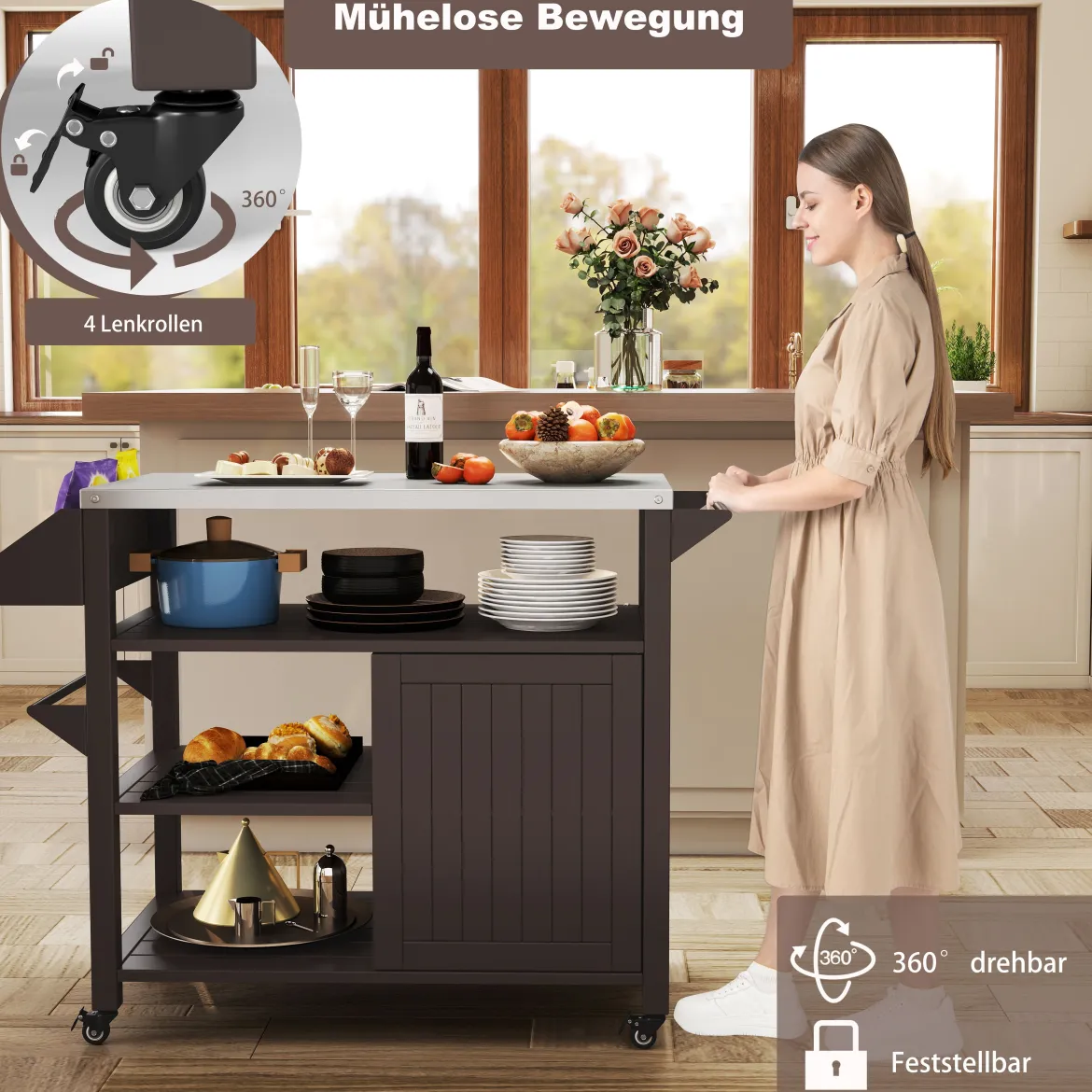 Grillwagen auf Rollen Grilltisch mit Edelstahl Servierwagen & 3 Ablagen & Schrank & Gewürzregal