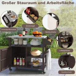 Grillwagen auf Rollen Grilltisch mit Edelstahl Servierwagen & 3 Ablagen & Schrank & Gewürzregal