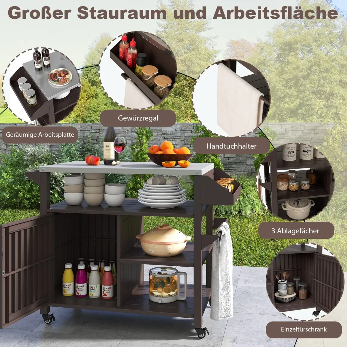 Grillwagen auf Rollen Grilltisch mit Edelstahl Servierwagen & 3 Ablagen & Schrank & Gewürzregal