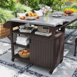 Grillwagen auf Rollen Grilltisch mit Edelstahl Servierwagen & 3 Ablagen & Schrank & Gewürzregal