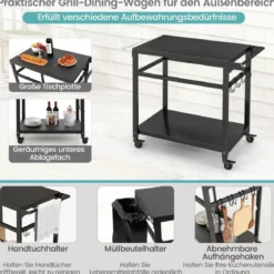 Grillwagen für den Außenbereich mit zwei Regalen 4 feststellbaren Rädern & Seitengriff Schwarz