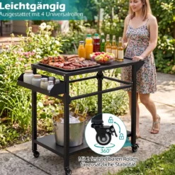 Grillwagen Outdoor Metall Servierwagen auf 4 Rollen mit 2 Ablagen Seitlichem Griff & Gewürzregal
