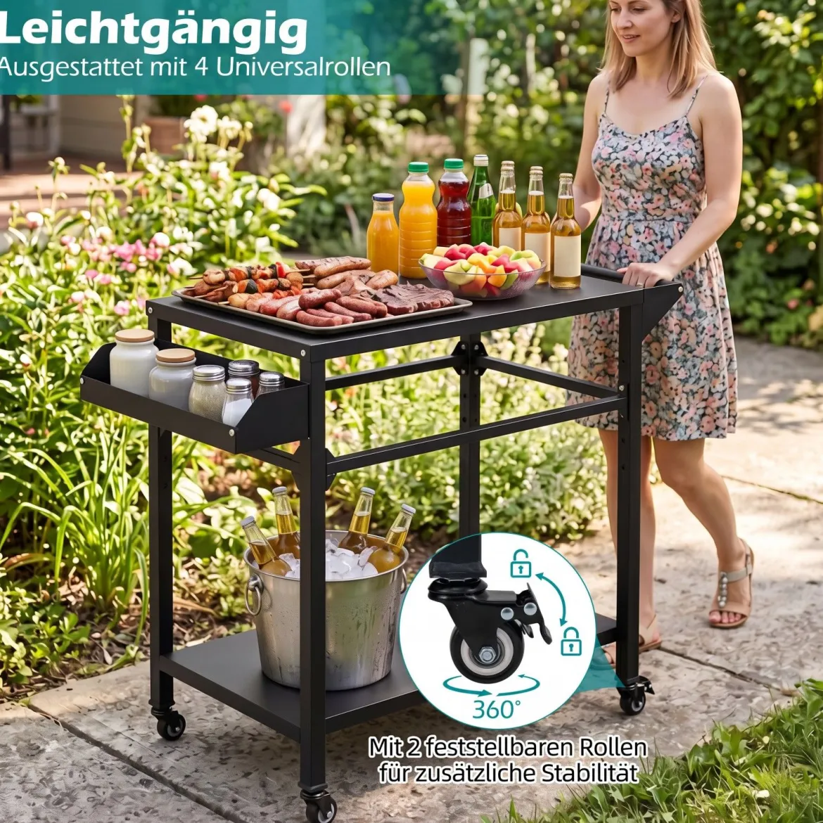 Grillwagen Outdoor Metall Servierwagen auf 4 Rollen mit 2 Ablagen Seitlichem Griff & Gewürzregal