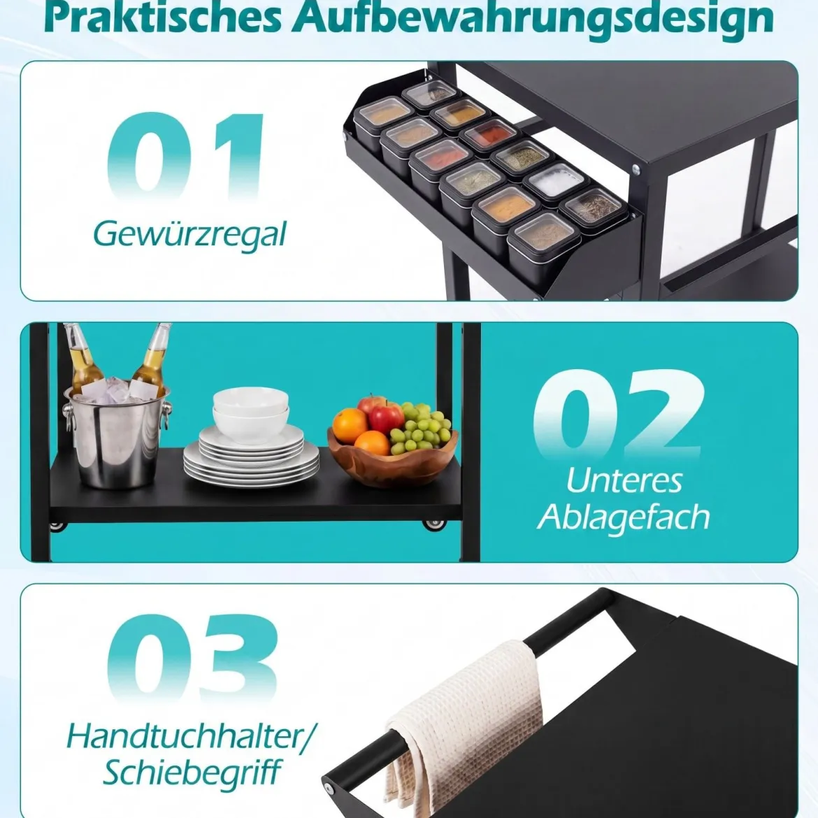 Grillwagen Outdoor Metall Servierwagen auf 4 Rollen mit 2 Ablagen Seitlichem Griff & Gewürzregal