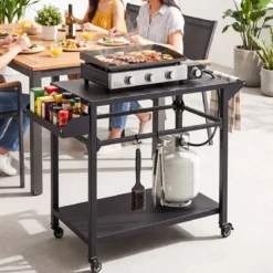 Grillwagen Outdoor Metall Servierwagen auf 4 Rollen mit 2 Ablagen Seitlichem Griff & Gewürzregal