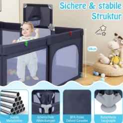 Großer Baby-Laufstall sicherer Spielbereich mit Basketballkorb & Fußballnetzen Greifringen Dunkelgrau