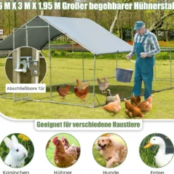 Großer Metall-Hühnerstall mit wasserdichter und sonnenfester Abdeckung verzinktem Outdoor-Haustiergehege Silber